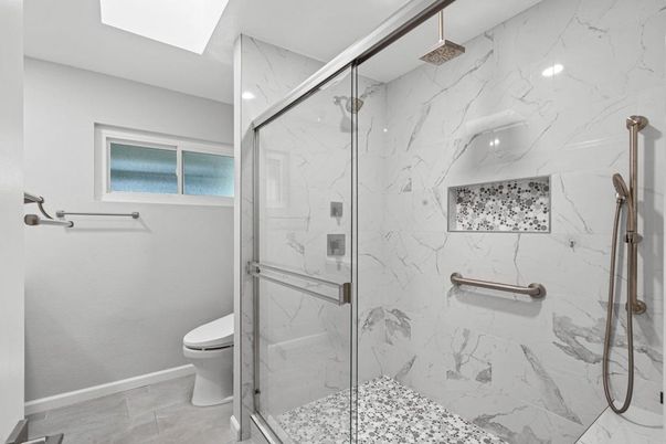Bathroom, Glass Shower, Interior, Marble Walls, Recessed Lighting