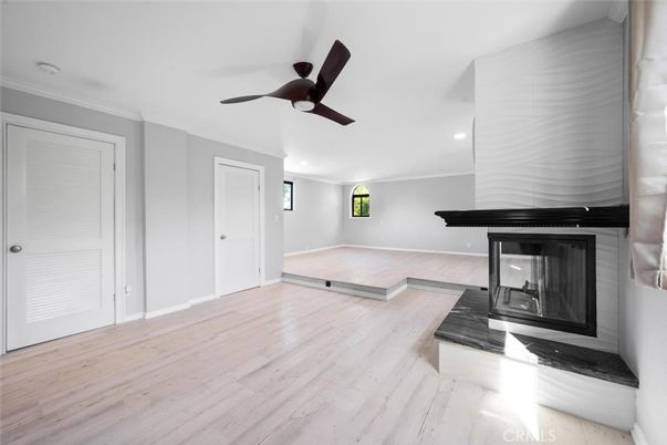 Empty room, Fireplace, Interior, Recessed Lighting, Wood Texture Flooring
