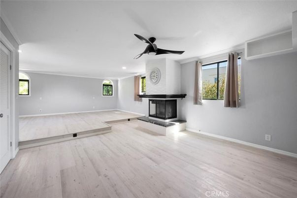 Empty room, Fireplace, Interior, Recessed Lighting, Wood Texture Flooring