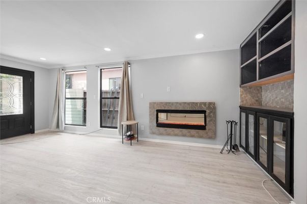 Empty room, Fireplace, Interior, Recessed Lighting, Wood Texture Flooring