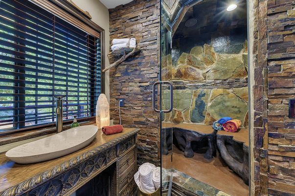 Bathroom, Glass Shower, Interior, Stone Walls
