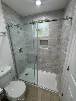 Bathroom, Glass Shower, Interior, Recessed Lighting, Wood Texture Flooring