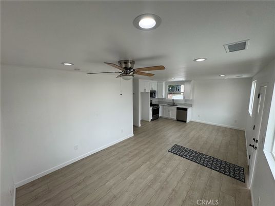Empty room, Interior, Kitchen, Recessed Lighting, Wood Texture Flooring