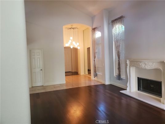 Empty room, Fireplace, Interior, Pendant Lights, Wood Texture Flooring