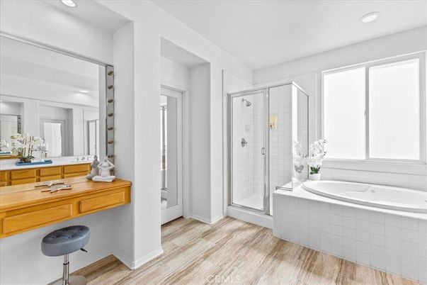 Bathroom, Glass Shower, Interior, Recessed Lighting, Wood Texture Flooring
