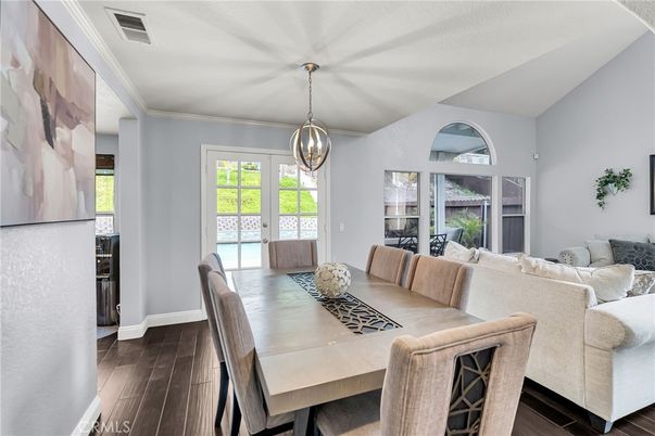 Dining room, Interior, Living room, Pendant Lights, Wood Texture Flooring