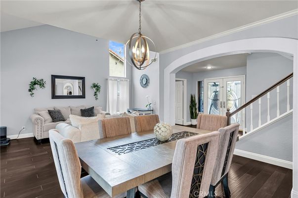 Dining room, Interior, Living room, Pendant Lights, Wood Texture Flooring
