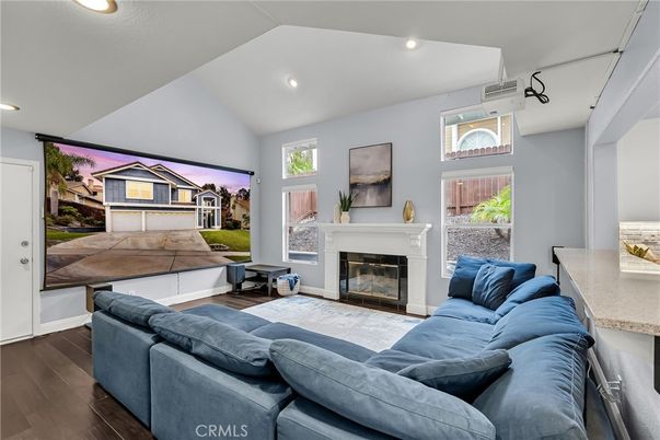 Fireplace, Interior, Living room, Recessed Lighting, Wood Texture Flooring