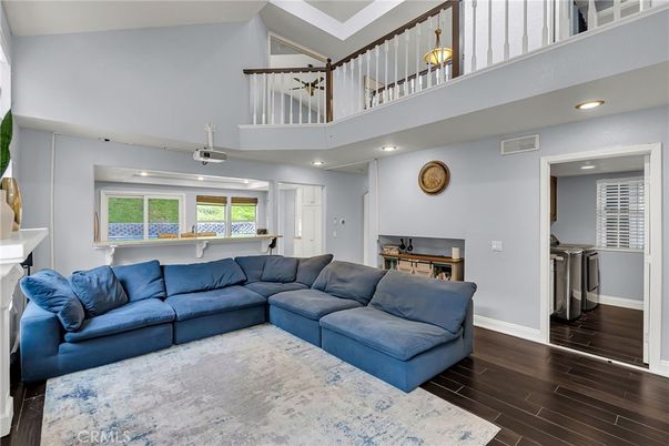 Fireplace, Interior, Living room, Recessed Lighting, Wood Texture Flooring