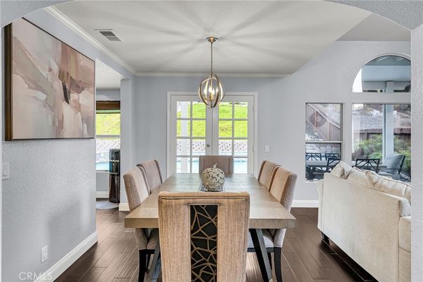 Dining room, Interior, Pendant Lights, Wood Texture Flooring