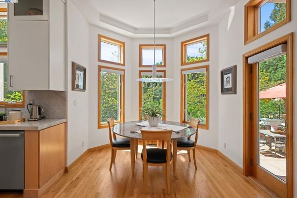 Dining room, Interior, Kitchen, Pendant Lights, Wood Texture Flooring