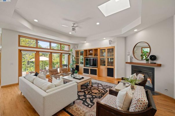 Fireplace, Interior, Living room, Recessed Lighting, Wood Texture Flooring