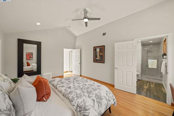 Bathroom, Bedroom, Glass Shower, Interior, Recessed Lighting, Wood Texture Flooring