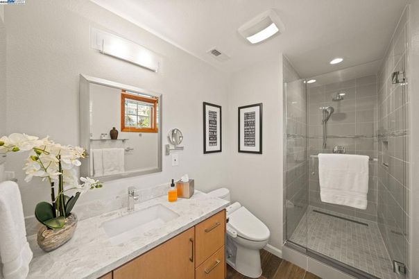 Bathroom, Glass Shower, Interior, Recessed Lighting, Wood Texture Flooring