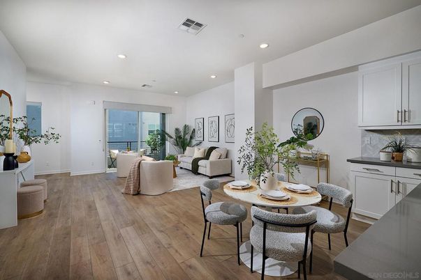 Dining room, Interior, Living room, Recessed Lighting, Wood Texture Flooring