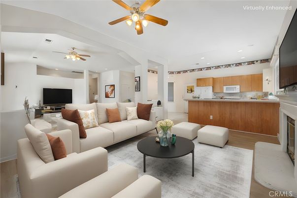 Fireplace, Interior, Kitchen, Living room, Recessed Lighting, Wood Texture Flooring