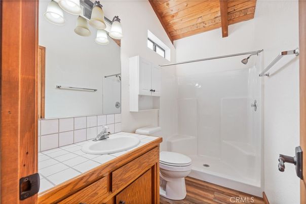 Bathroom, Interior, Tile Countertops, Wooden Beams, Wooden Ceilings, Wood Texture Flooring