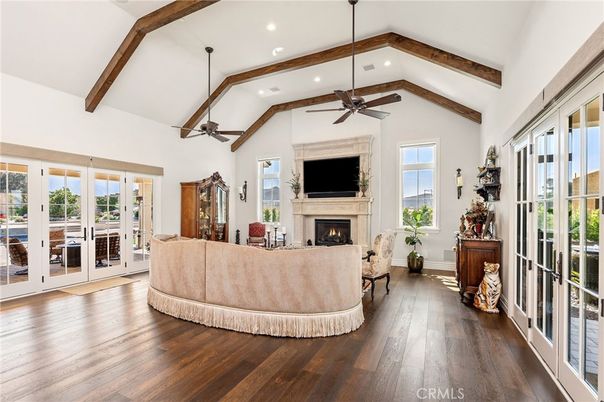 Fireplace, Interior, Living room, Recessed Lighting, Wooden Beams, Wood Texture Flooring