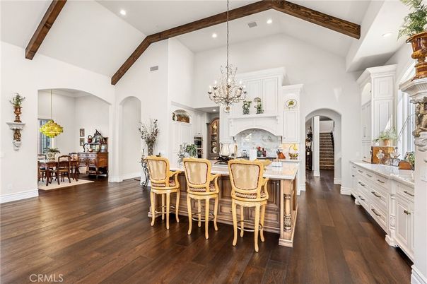Chandelier, Dining room, Interior, Kitchen, Recessed Lighting, Wooden Beams, Wood Texture Flooring