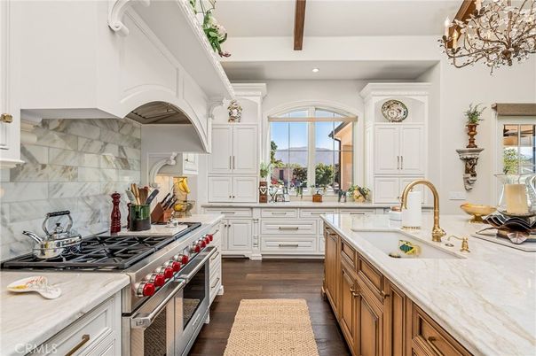 Interior, Kitchen, Marble Walls, Recessed Lighting, Stainless Steel Appliances, Wooden Beams, Wood Texture Flooring