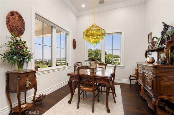 Chandelier, Dining room, Interior, Pendant Lights, Recessed Lighting, Wood Texture Flooring