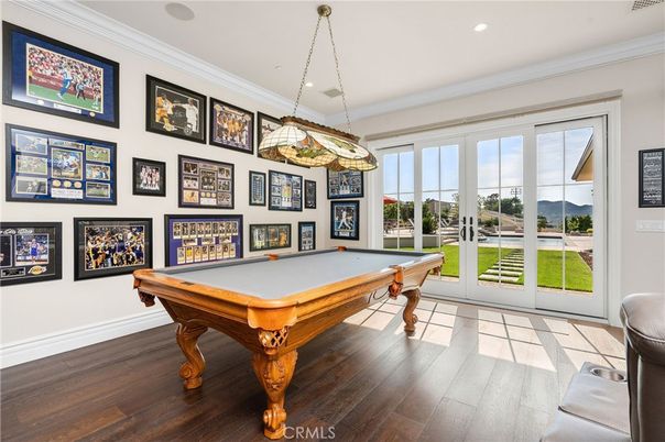 Billiard Table, Game Room, Interior, Pendant Lights, Recessed Lighting, Wood Texture Flooring