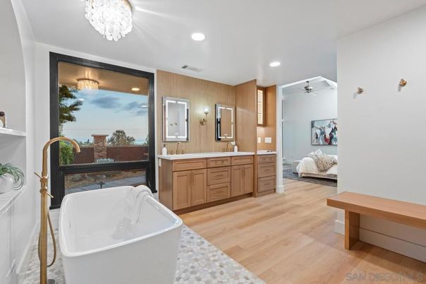 Bathroom, Chandelier, Dual Sink Vanities, Free Standing Baths, Interior, Recessed Lighting, Wood Texture Flooring