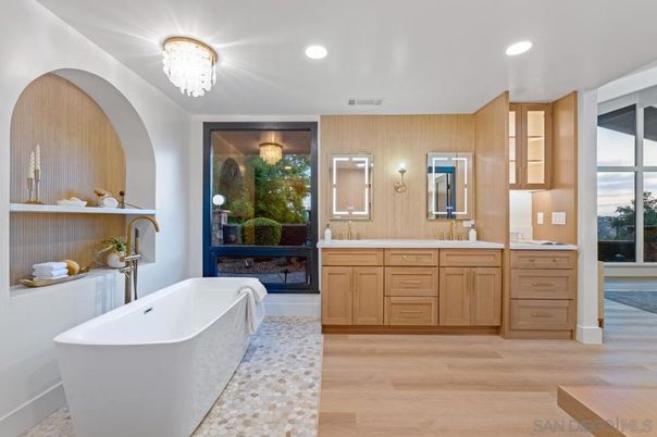 Bathroom, Dual Sink Vanities, Fireplace, Free Standing Baths, Interior, Recessed Lighting, Wood Texture Flooring