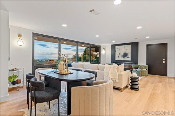 Dining room, Interior, Living room, Recessed Lighting, Wood Texture Flooring