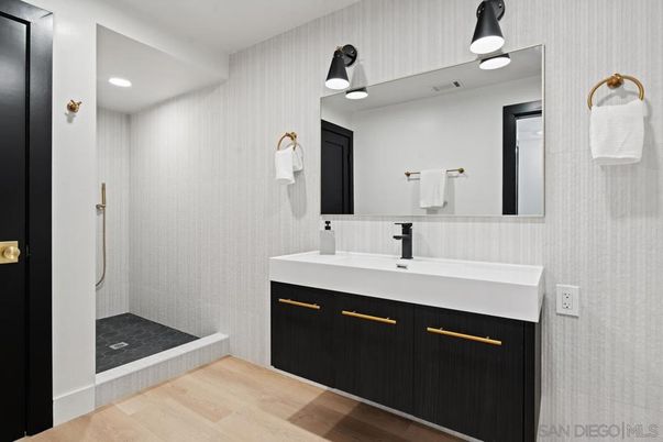 Bathroom, Dual Sink Vanities, Interior, Recessed Lighting, Wood Texture Flooring