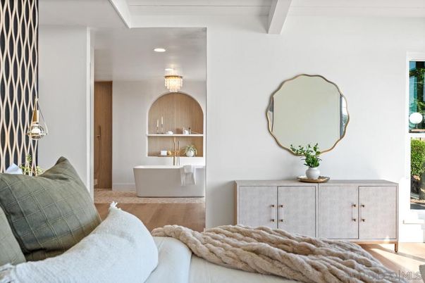 Bathroom, Chandelier, Free Standing Baths, Interior, Recessed Lighting, Wood Texture Flooring