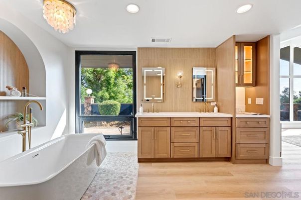 Bathroom, Dual Sink Vanities, Free Standing Baths, Interior, Recessed Lighting, Wood Texture Flooring