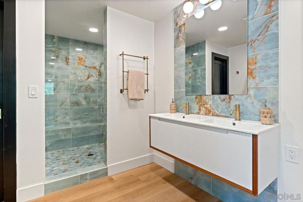 Bathroom, Glass Shower, Interior, Recessed Lighting, Wood Texture Flooring