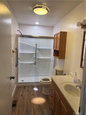 Bathroom, Glass Shower, Interior, Wood Texture Flooring