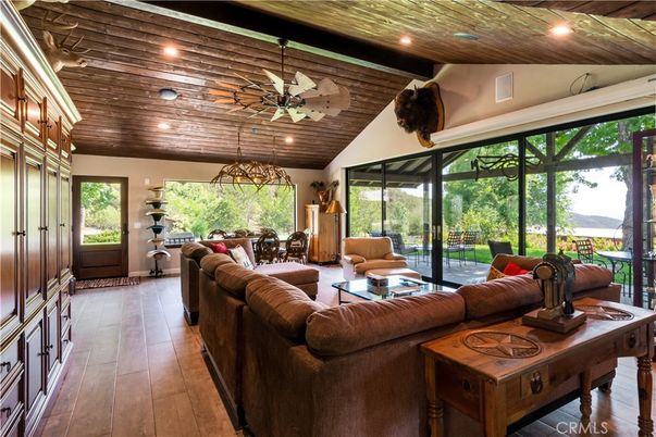 Dining room, Interior, Living room, Pendant Lights, Recessed Lighting, Wooden Beams, Wooden Ceilings, Wood Texture Flooring