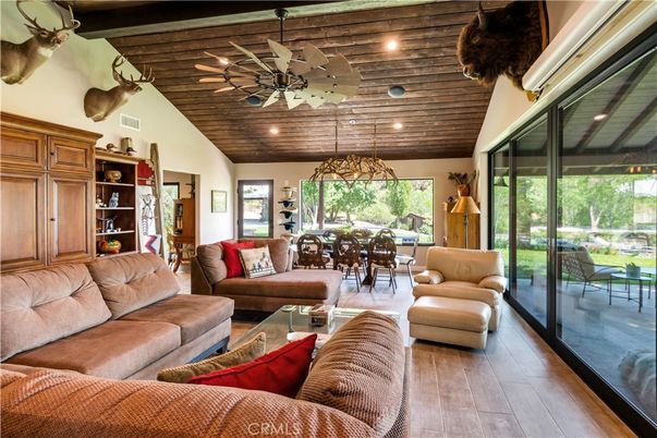 Dining room, Interior, Living room, Pendant Lights, Recessed Lighting, Wooden Beams, Wooden Ceilings, Wood Texture Flooring