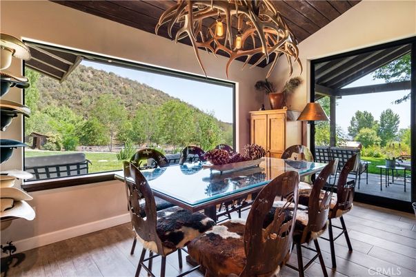 Chandelier, Dining room, Interior, Wooden Ceilings, Wood Texture Flooring