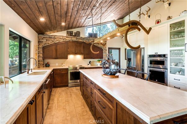 Interior, Kitchen, Pendant Lights, Recessed Lighting, Stainless Steel Appliances, Wooden Ceilings, Wood Texture Flooring