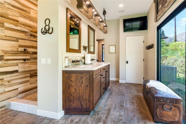 Bathroom, Dual Sink Vanities, Interior, Recessed Lighting, Wood Texture Flooring, Wooden Walls