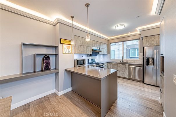 Interior, Kitchen, Pendant Lights, Recessed Lighting, Stainless Steel Appliances, Wood Texture Flooring