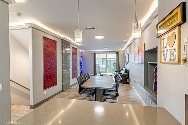 Dining room, Interior, Pendant Lights, Recessed Lighting, Wood Texture Flooring