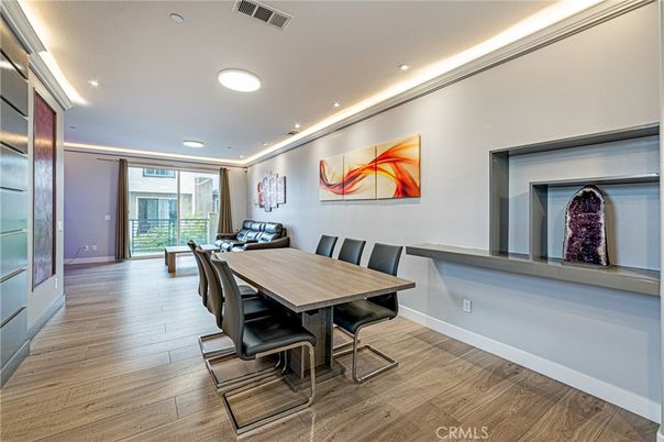 Dining room, Interior, Recessed Lighting, Wood Texture Flooring