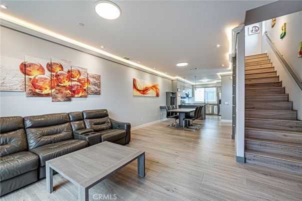 Dining room, Interior, Living room, Pendant Lights, Recessed Lighting, Wood Texture Flooring