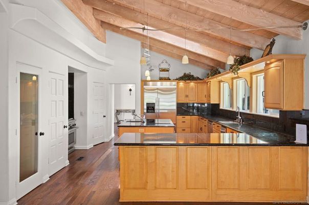 Interior, Kitchen, Pendant Lights, Stainless Steel Appliances, Wooden Beams, Wooden Ceilings, Wood Texture Flooring