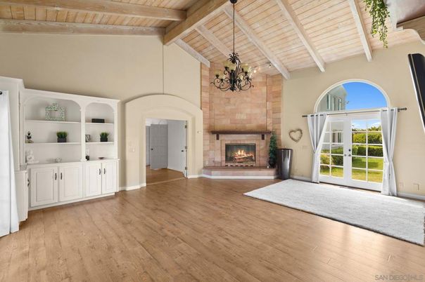 Chandelier, Empty room, Fireplace, Interior, Wooden Beams, Wooden Ceilings, Wood Texture Flooring