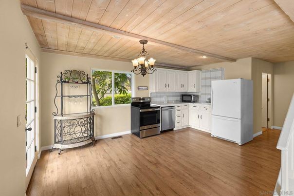 Chandelier, Interior, Kitchen, Wooden Beams, Wooden Ceilings, Wood Texture Flooring
