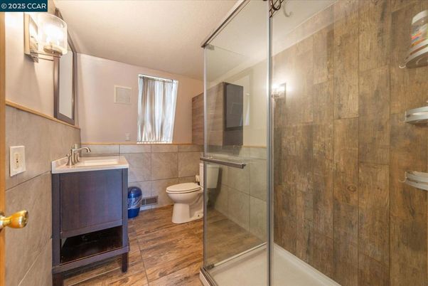 Bathroom, Glass Shower, Interior, Wood Texture Flooring