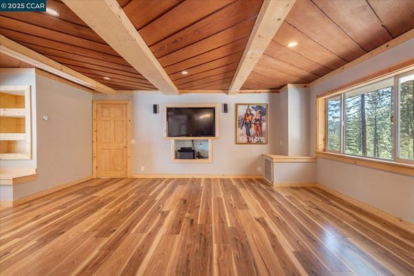 Empty room, Fireplace, Interior, Recessed Lighting, Wooden Beams, Wooden Ceilings, Wood Texture Flooring
