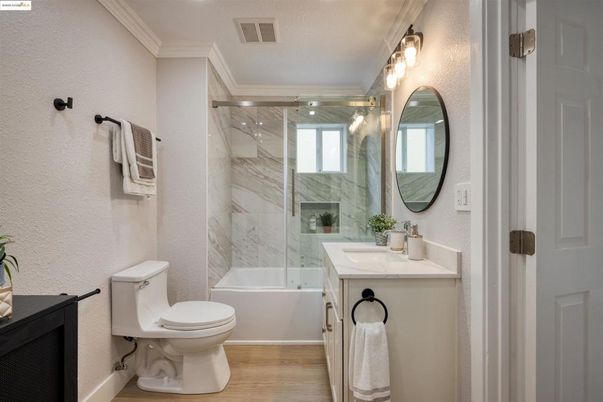 Bathroom, Glass Shower, Interior, Marble Walls, Wood Texture Flooring