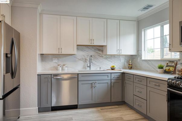 Interior, Kitchen, Marble Walls, Stainless Steel Appliances, Wood Texture Flooring